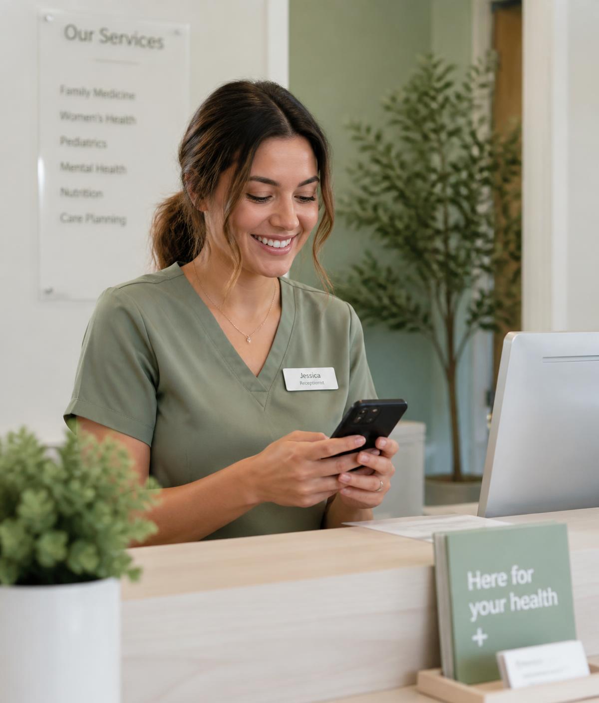 Recepcionista de clínica atendendo pacientes pelo WhatsApp