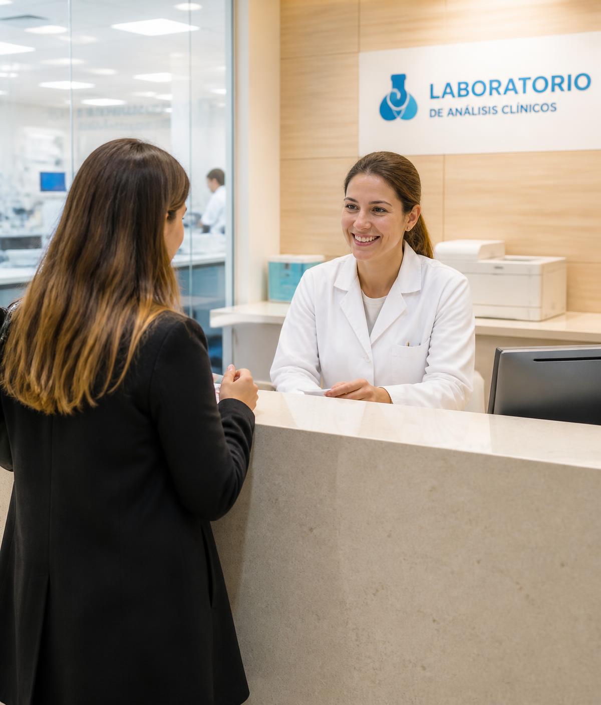 Recepção de laboratório de análises clínicas atendendo pacientes