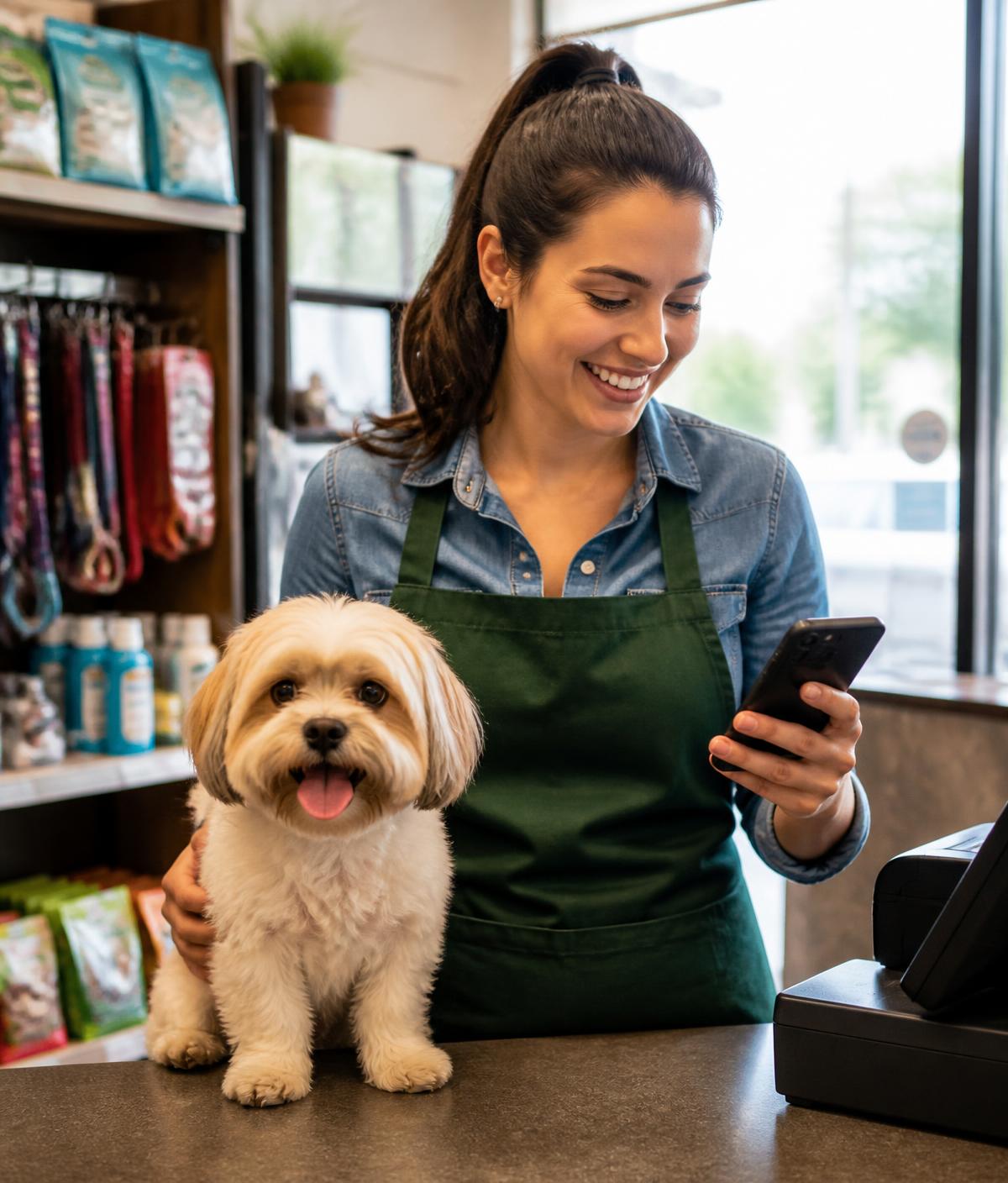 Atendente de pet shop com um cachorro no balcão respondendo no celular