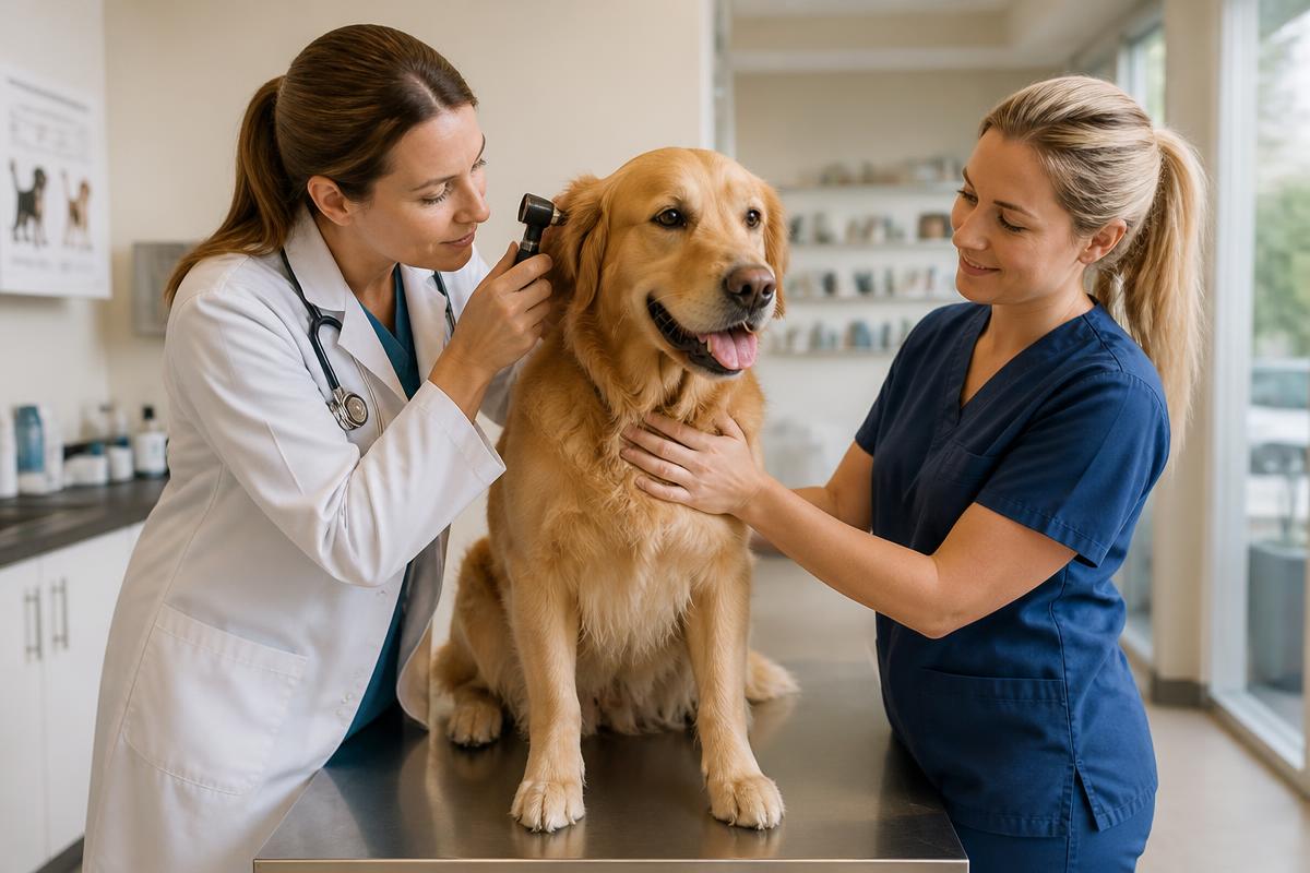 Veterinária examinando um cachorro na clínica